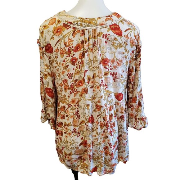 Rachel Zoe Med Floral Peasant Hippie V-Neck Blouse White Orange Ruffel Sleeve - Picture 5 of 10